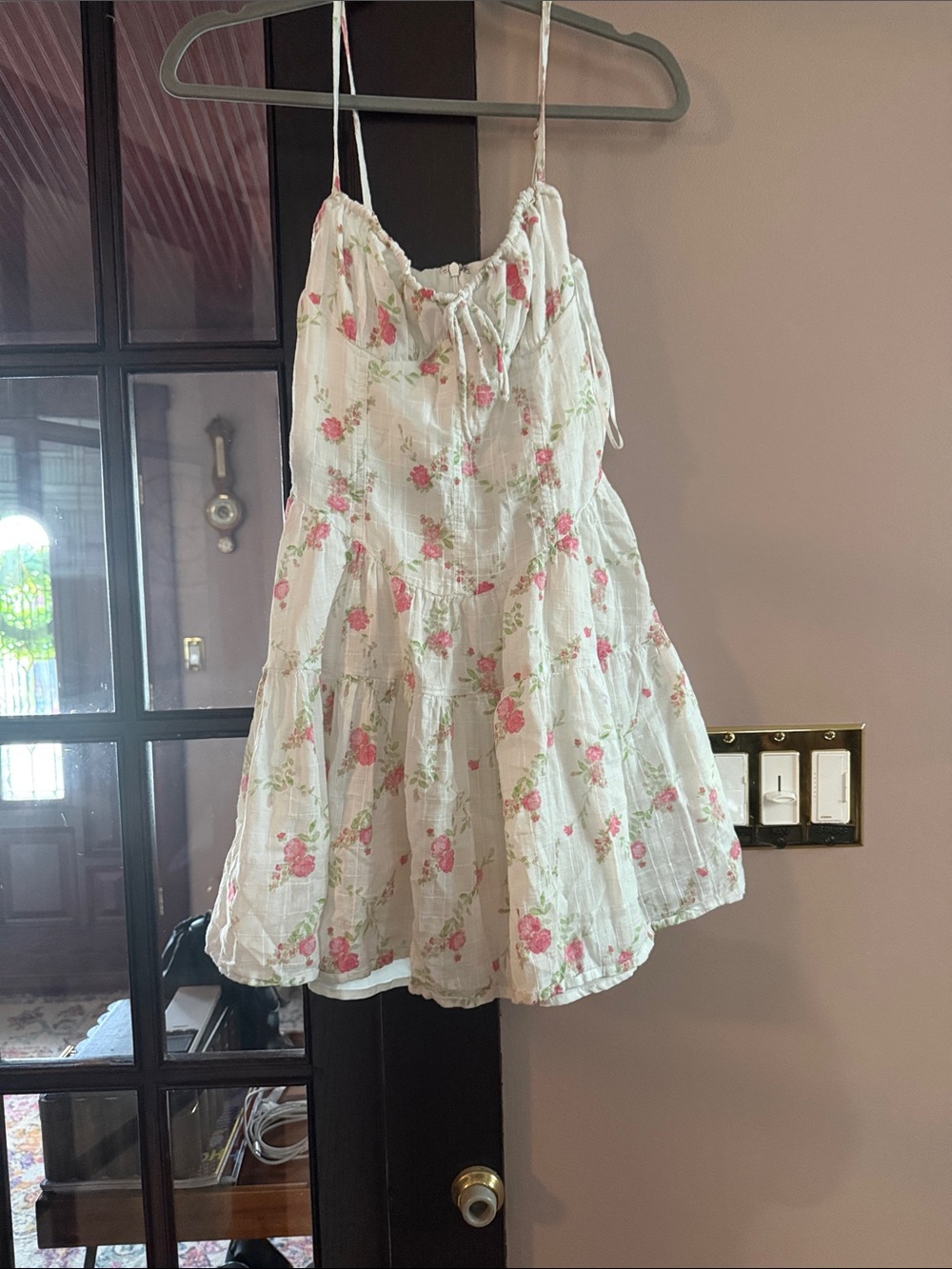 White Floral Mini Dress with Pink Roses